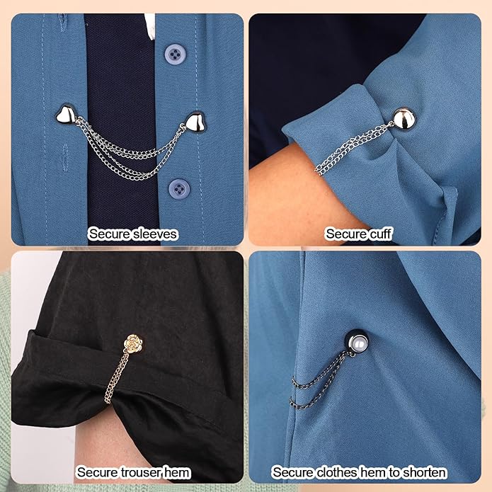 6pcs Magnetic Clothing Clips with Chain, Multi-Function Magnet Button Pins Hijab Cuff Clips for Fixing Hem of Clothes Long Pants Legs Sleeves of Shirts