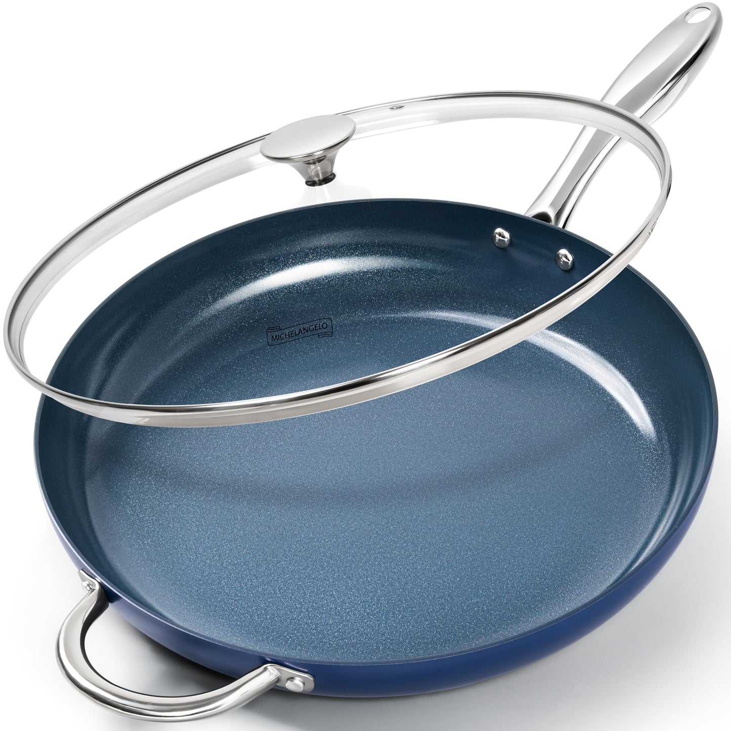 MICHELANGELO Large Frying Pan with Lid, 14 Inch Blue Frying Pan with Nonstick Diamond Infused Coating, Nonstick Frying Pans, Ceramic Fry Pan, Non-Toxic