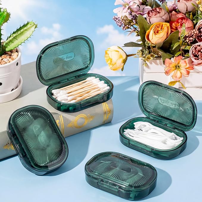 Kigley 4 Pcs Hair Tie Container Small Portable Travel Cotton Swab Holder Dispenser with Lid Plastic Box Storage Containers for Small Items, 3.94 x 2.76 Inch (Green)