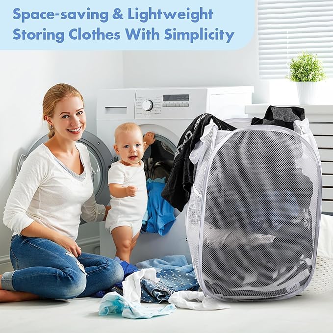 DUCOO Pop Up Laundry Hamper, 14.6 x 14.6 x 22.5 in, Mesh, Foldable, White