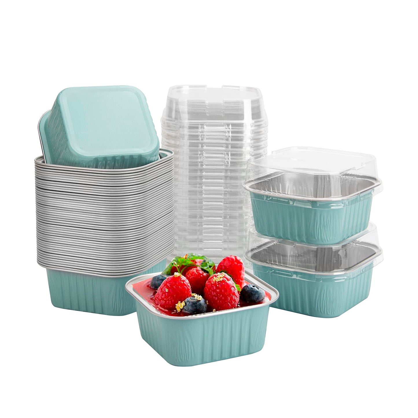 50 Pcs Mini Square Baking Cups with Lids,5oz Aluminum Foil Mini Cake Pans with Lids,Disposable Ramekins Cake Pans,150ml Dessert Cups Cupcake Pans for Wedding Birthday Party,Cowprint