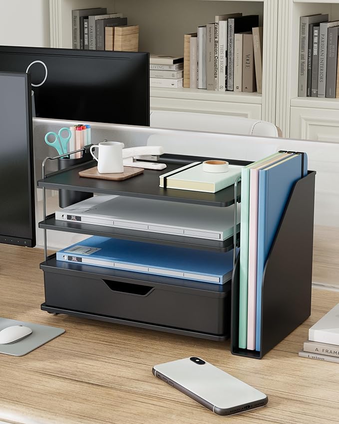 Kitsure Desk Organizer - 4-Tier Office Desk Accessories with Drawer & Pen Holder, Tool-Free Assembly Organizer with Non-Slip Pads, for Office Supplies Storage, Plastic, 13.3" x 8.0" x 10.8", Black