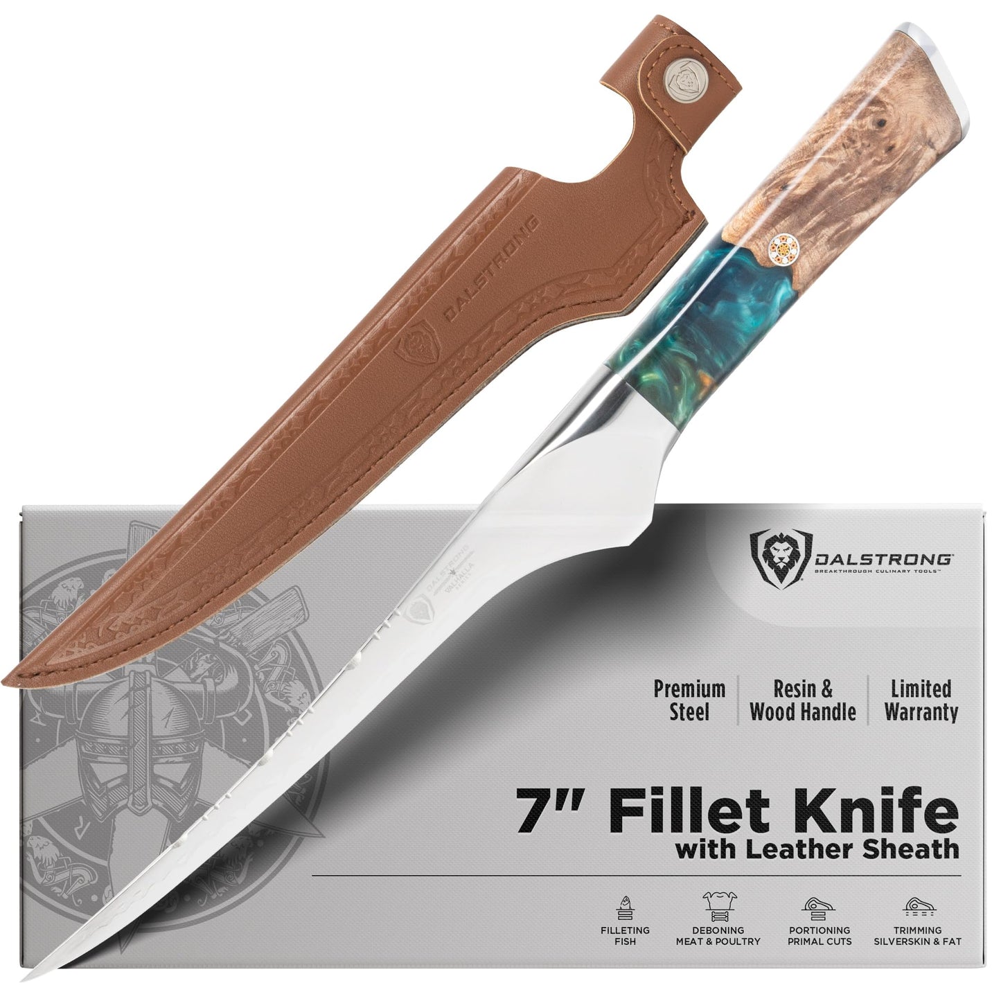 Dalstrong Fillet Knife - 6.5 inch - Valhalla Series - 9CR18MOV HC Steel - Celestial Resin & Wood Handle Gift Kitchen Knife - Meat Cutting, Carving, Bone, Deboning, Boning - Leather Sheath