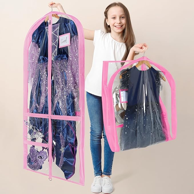 Univivi Clear PVC Dance Costume Bags 50 Inch Garment Bag for Dance Competitions, with 3 Seperated Medium Clear Zipper Pockets and 1 Large Back Zippered Pocket (Pink)