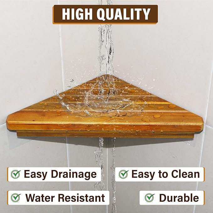 Wooden Corner Shower Shelf Triangular Corner Shelf Wooden Bathroom Shelf for Tiled Wall, 2 Pack Shower Corner Shelf, No Drilling Requied