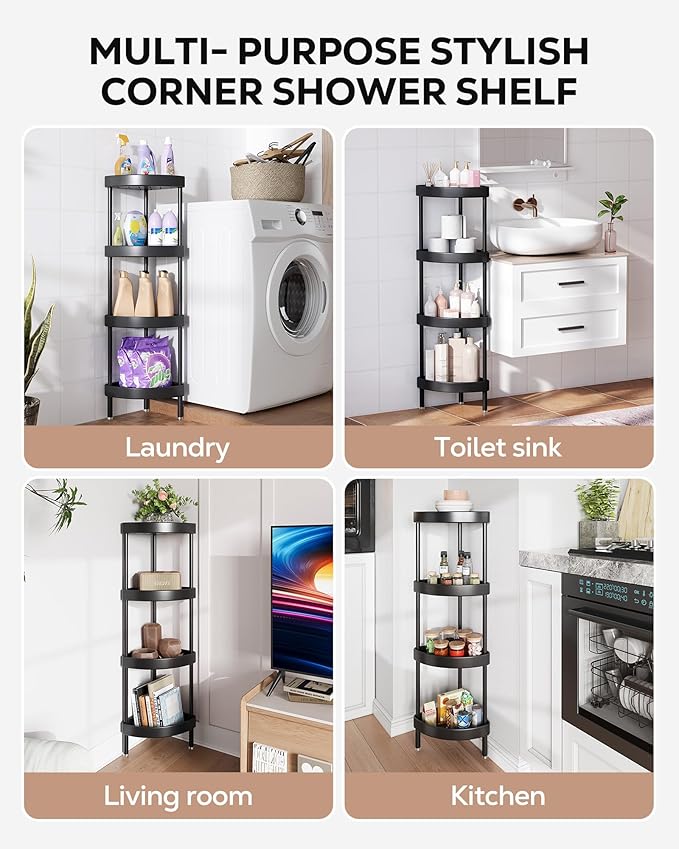 Nieifi Corner Shower Caddy Stand-4 Tier Rustproof Anodized Aluminum Standing Shower Organizer-Shower Caddy Corner-Dual Stability to Anti-Shaking-Height-Adjustable Legs for Uneven Surfaces-Black