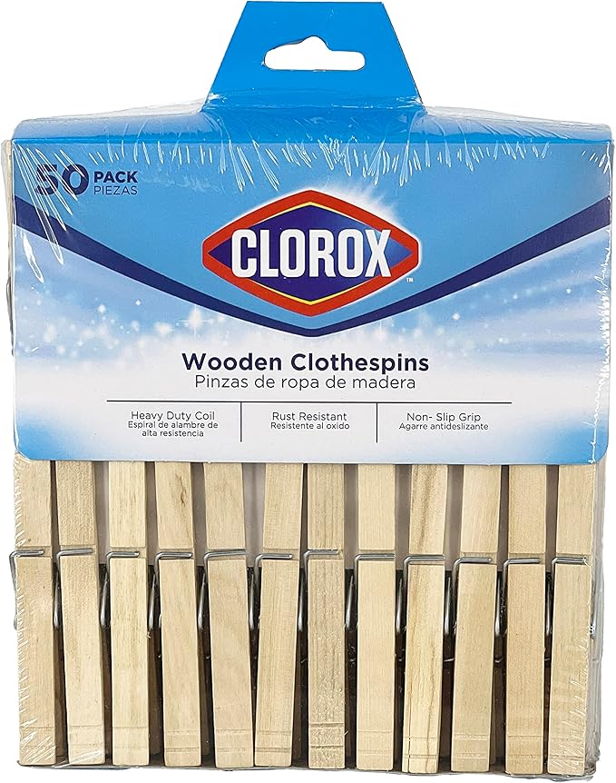 Clorox Wood Clothespins with Spring – Value Pack Set of 50 | Rust Resistant, Heavy-Duty Coil, Non-Slip Grip for Line Drying Laundry, Chip Clips, Crafts, 50 Pack