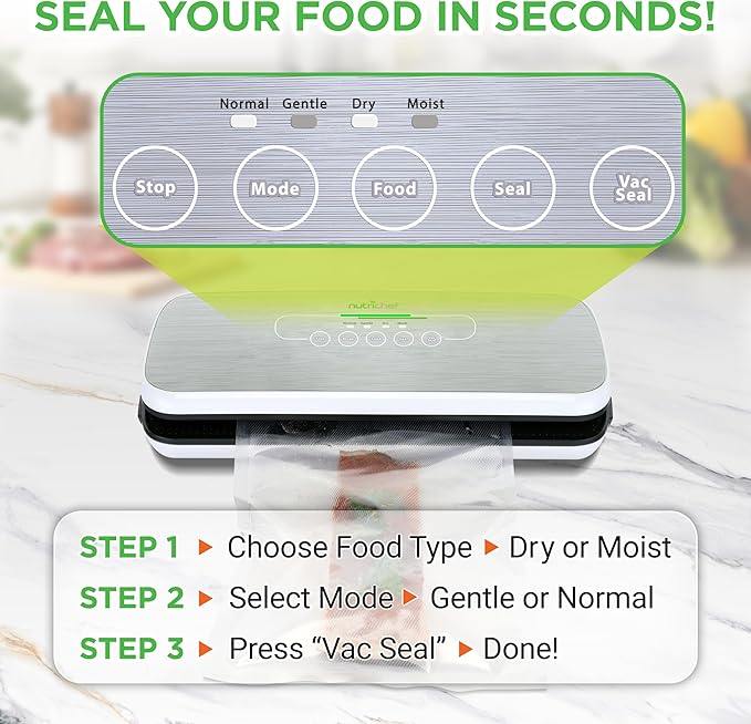 NutriChef Automatic Vacuum Air Sealing System for Food Preservation with Starter Kit, Compact Design, Lab Tested, Dry & Moist Food Modes with Led Indicator Lights, Silver
