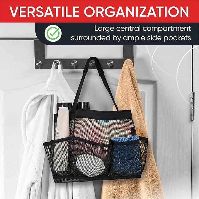 Masirs Shower Caddy Mesh - 9 Pocket Portable Bathroom Organizer Tote for Travel, Gym & Dorm - Collapsible Small Shower Caddy Bag to Hold Toiletries & Essentials (Black)