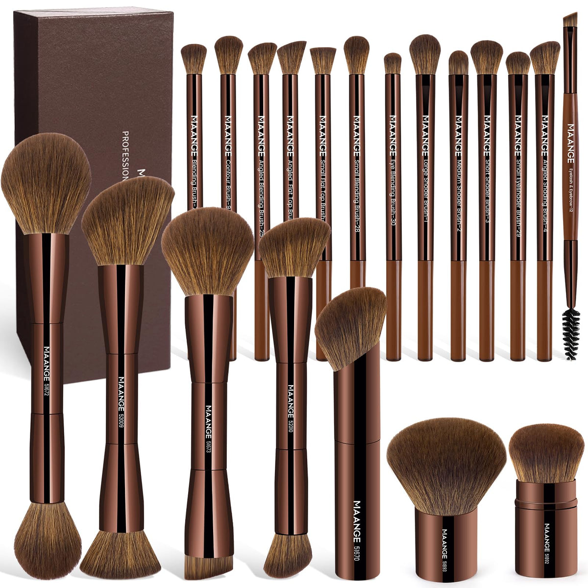 MAANGE 20 Pcs Makeup Brushes with Gift Box, Double-End Multi-functional Makeup Brushes for Blending Liquid Powder Concealer Cream Blush Buffe,Dark Brown