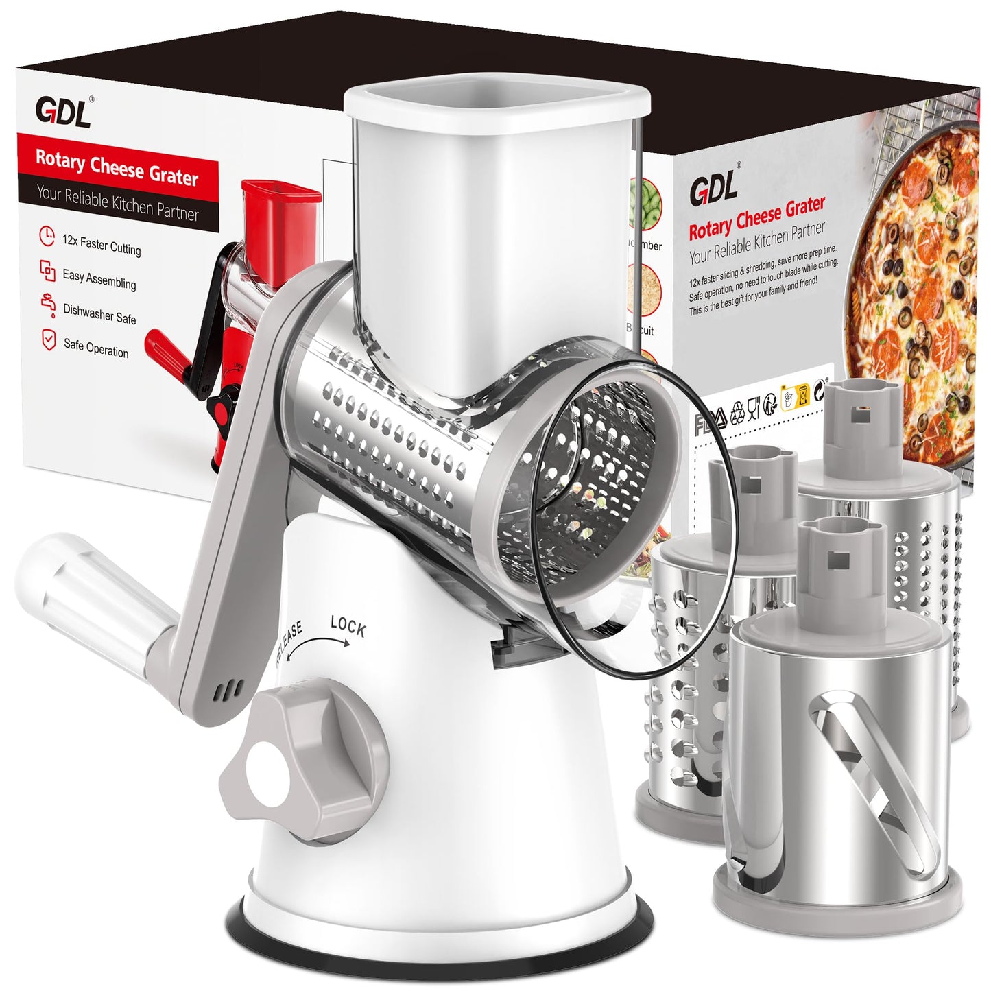 GDL Cheese Grater Hand Crank, Rotary Cheese shredder, Vegetable Slicer