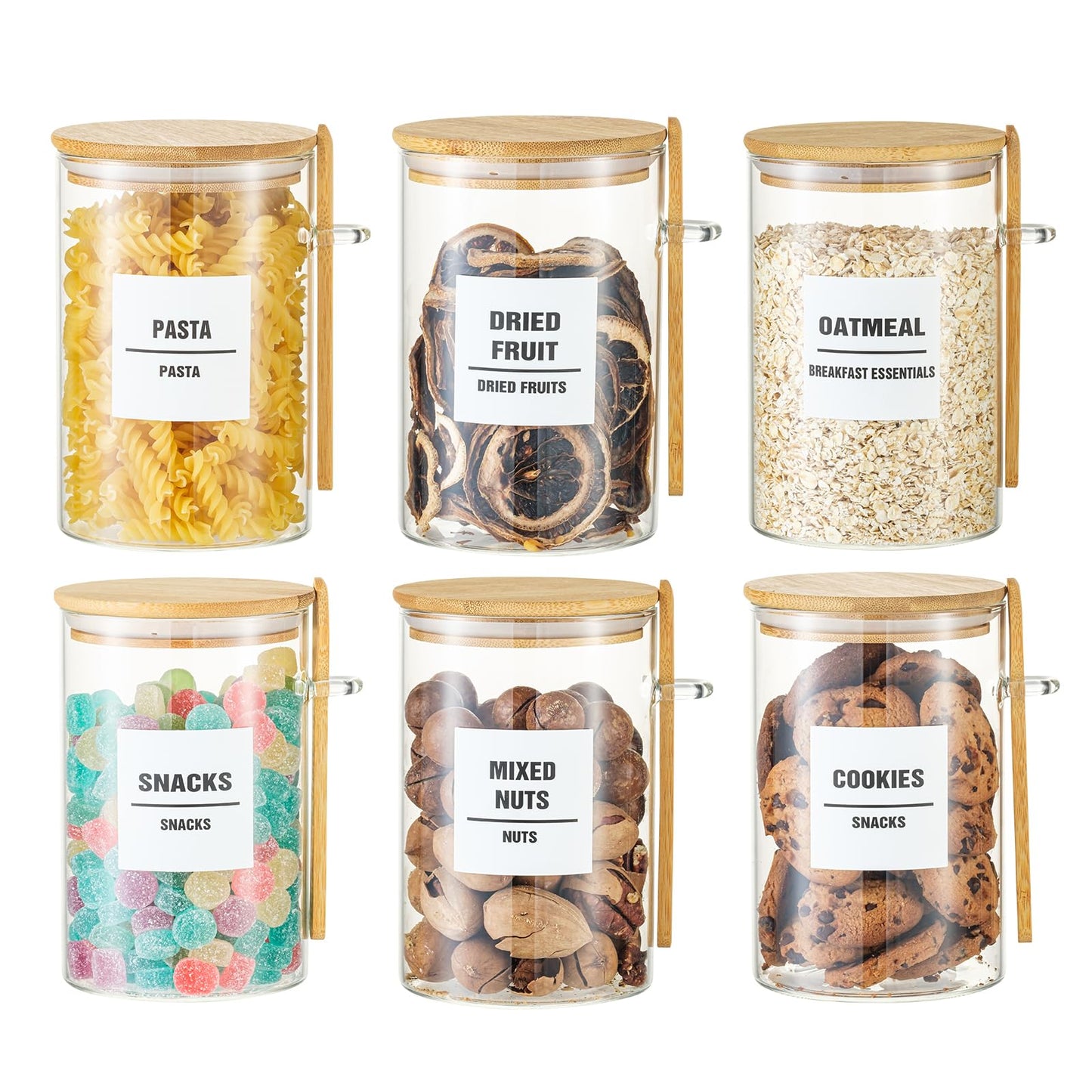 HeipokLife 4 Pack 42oz Glass Jars with Bamboo Lids,Glass Storage Containers with Lids,Clear Airtight Food Storage Jar for Flour,Oat,Coffee,Tea,Sugar,Cookies,Pantry Organizers 3mm Thick Canisters