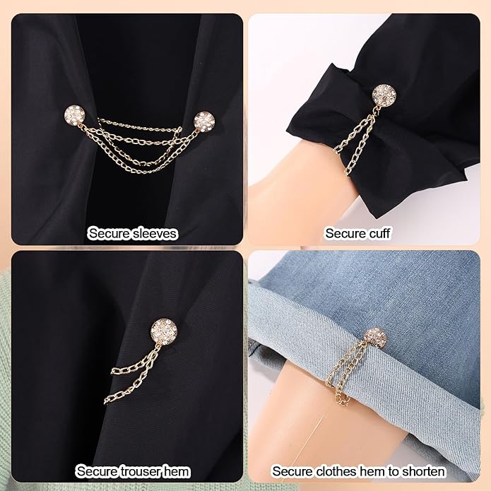 6pcs Magnetic Clothing Clips with Chain, Multi-Function Magnet Button Pins Hijab Cuff Clips for Fixing Hem of Clothes Long Pants Legs Sleeves of Shirts