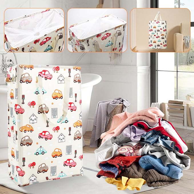 Odonata Slim Laundry Hamper Handles Collapsible Laundry Basket Thin Dirty Clothes Basket Narrow Laundry Bag Foldable Dirty Hamper 48L (Car)