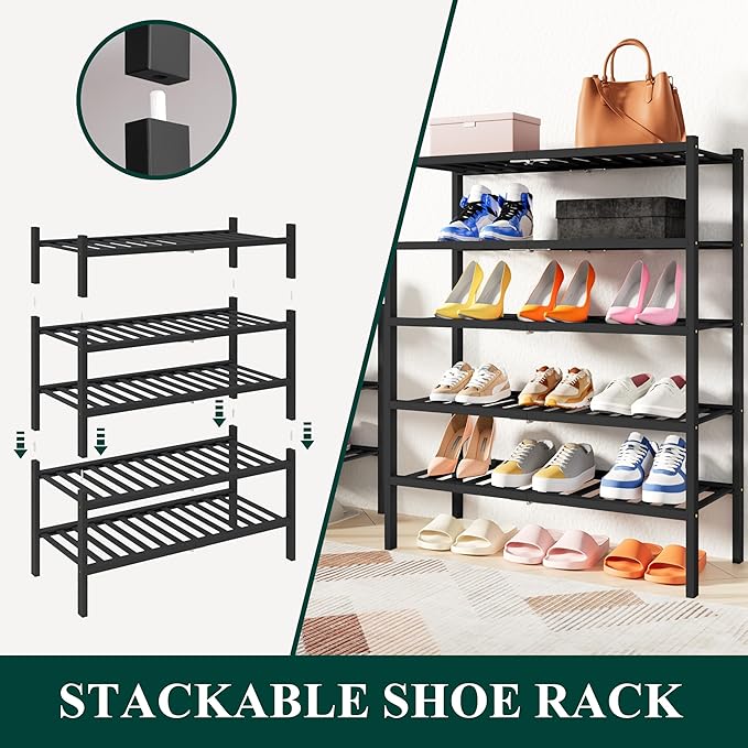 Smiry Shoe Rack, 5 Tier Thick Small Bamboo Shoe Organizer, Stackable Free Standing Wooden Shoe Storage Shelf for Closet, Entryway, Front Door Entrance, Black