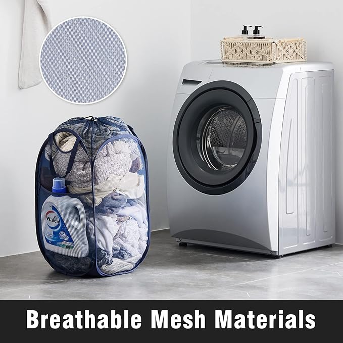 TECHMILLY Collapsible Mesh Pop Up Laundry Hamper with Sturdy Handles and Side Pocket - Portable Foldable Clothes Baskets for Dorm, Bathroom & Travel Storage (with Drawstring, Blue)