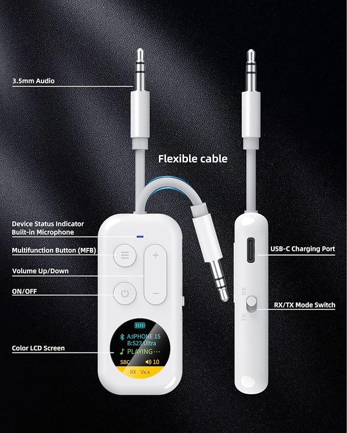 Bluetooth Wireless Audio Transmitter/Receiver, 20+ Hours Playtime, Supports 2