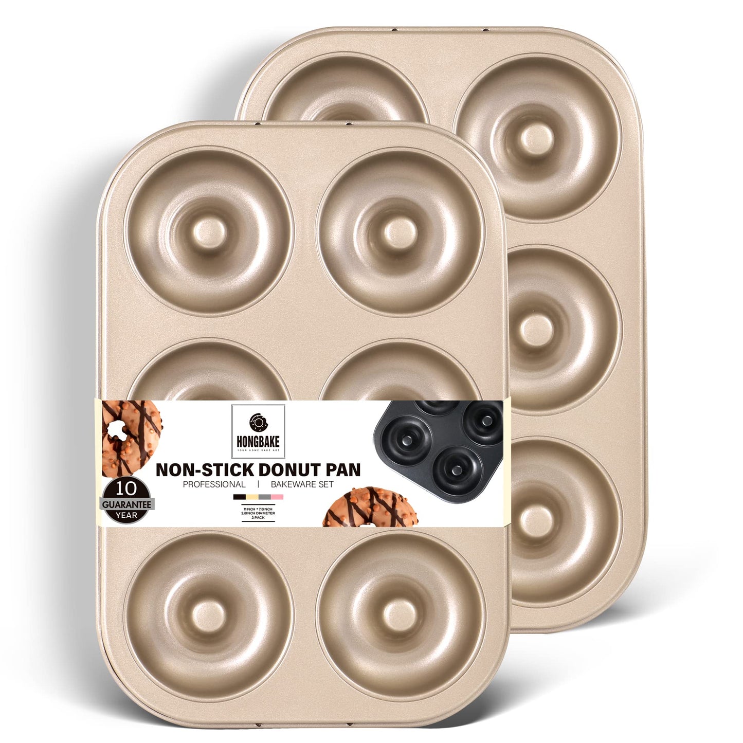 HONGBAKE Donut Pan for Baking, 2-Pack Nonstick Doughnut Pans, 6-Cavity Deep Donut Mold for Fuller Baked Cake Donuts, Heavy-Duty Carbon Steel, Oven Safe to 450°F - Bronze Gold