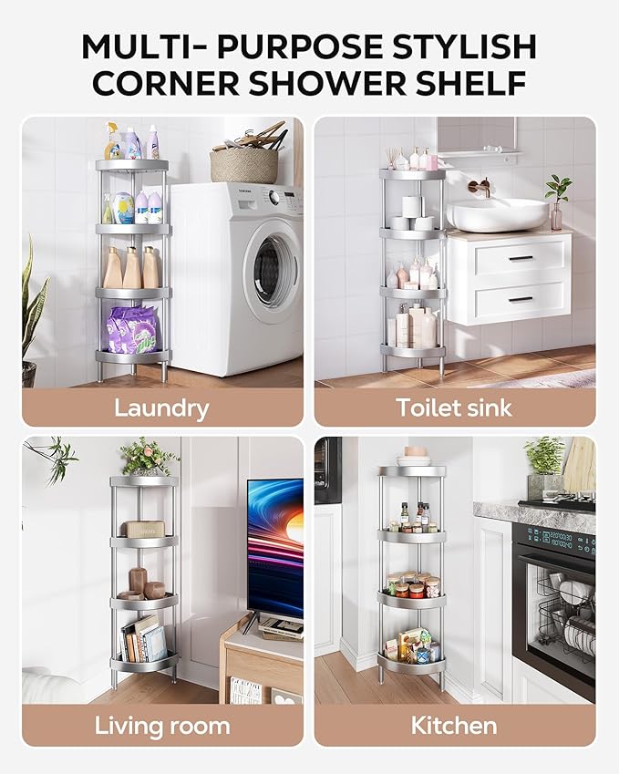 Nieifi Corner Shower Caddy Stand-4 Tier Rustproof Anodized Aluminum Standing Shower Organizer-Shower Caddy Corner-Dual Stability to Anti-Shaking-Height-Adjustable Legs for Uneven Surfaces-Silver