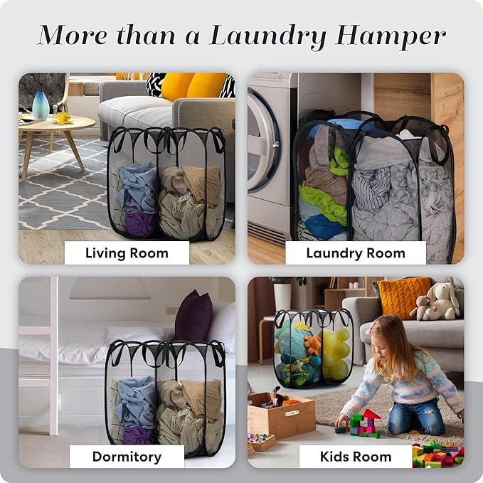 Handy Laundry Mesh Popup Hamper - Two Compartments, Collapsible for Storage and Easy to Open. Folding Pop-Up Clothes are Great for The Kids Room, College Dorm or Travel. (Black)