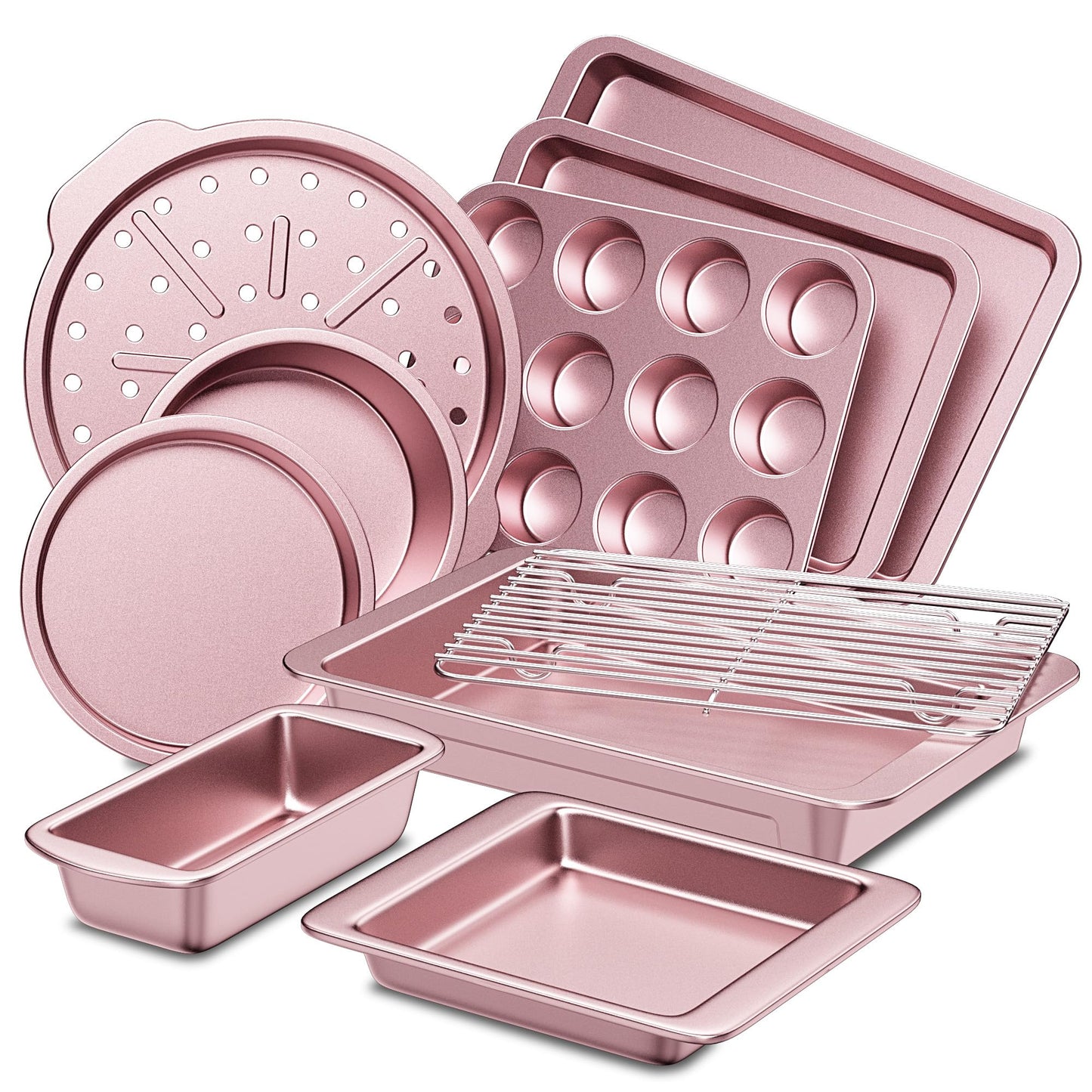 HONGBAKE Bakeware Sets, Baking Pans Set, 12 Pieces Nonstick Oven Pan with 120 Muffin Liners for Kitchen, Wider Grips, Including Rack, Cookie Sheet, Cake, Loaf, Muffin, Pizza Pan - Champagne Gold