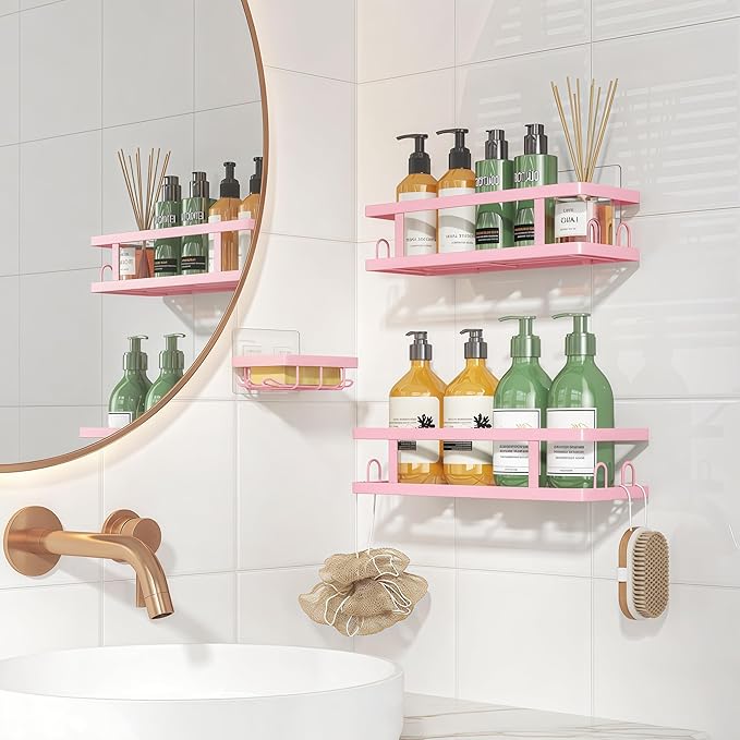 Adhesive Shower Caddy,Shower Shelves with Soap Holder and 12 Hooks,No Drilling Bathroom Organizer and Storage,Pink,3 Pack