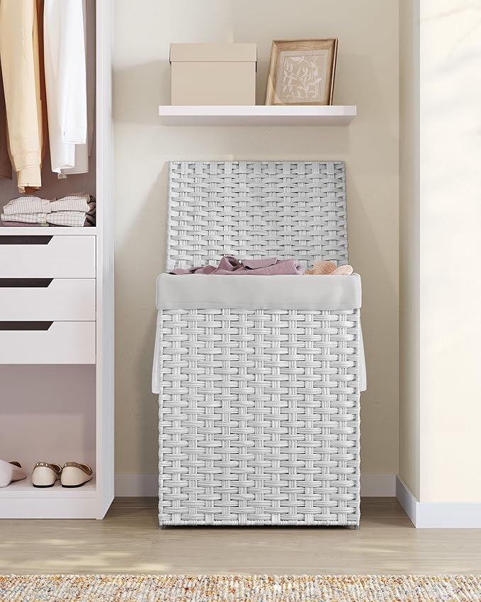SONGMICS Laundry Hamper with Lid, 23.8 Gallon (90 L) Synthetic Rattan Clothes Laundry Basket with Lid and Handles, Foldable, Removable Liner, Cloud White ULCB51WT