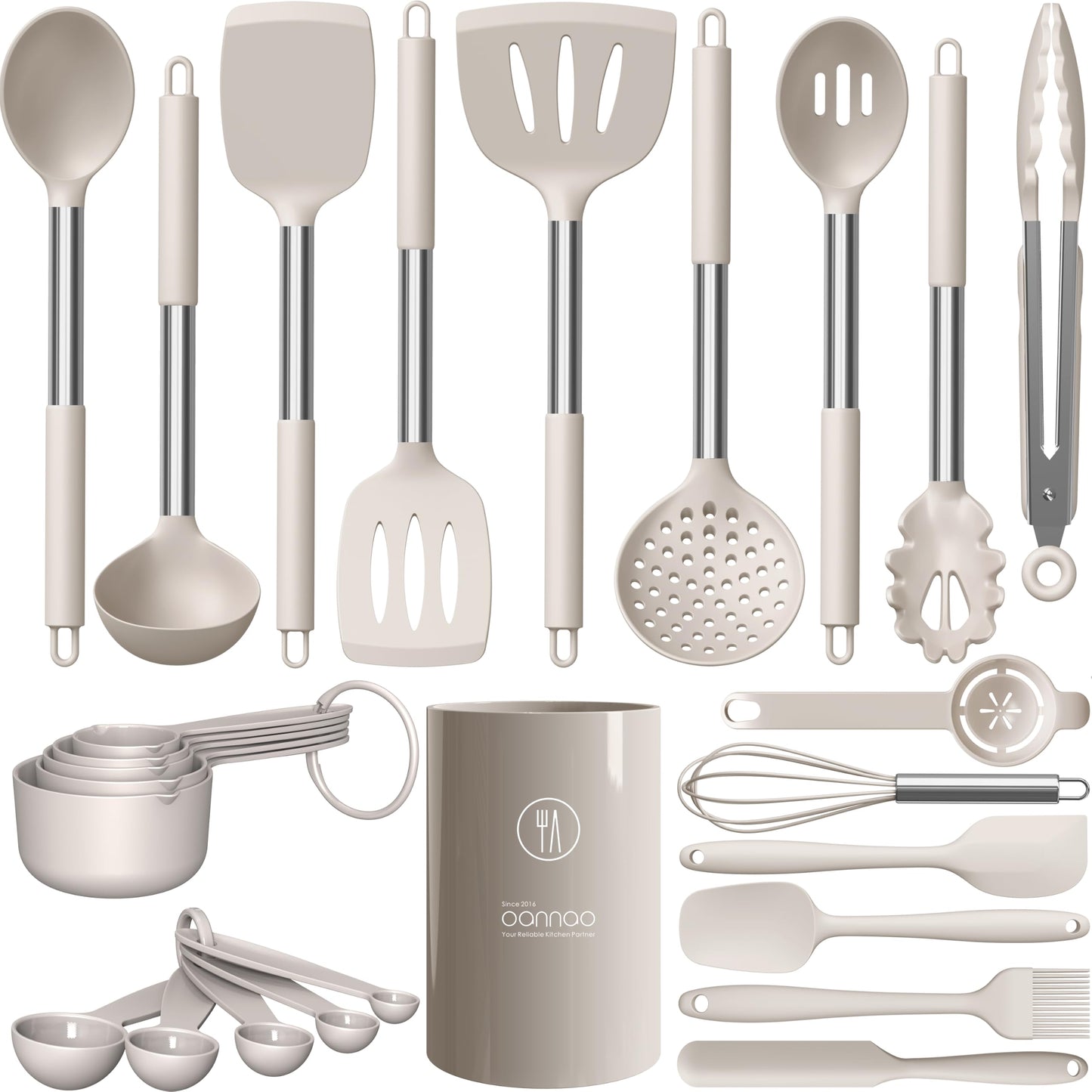 oannao Large Silicone Cooking Utensils Set - Heat Resistant Kitchen Utensils Sets,Spatula,Spoon,Turner Tongs,Whisk,Stainless Steel Cooking Utensil for Nonstick Cookware Dishwasher Safe (Black)