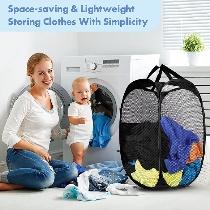 DUCOO Pop Up Hamper, 2 PCS Mesh Pop Up Laundry Hamper, Foldable Mesh Laundry Basket with Space-Saving Design for Home, Dorm, Travel & Storage - Black