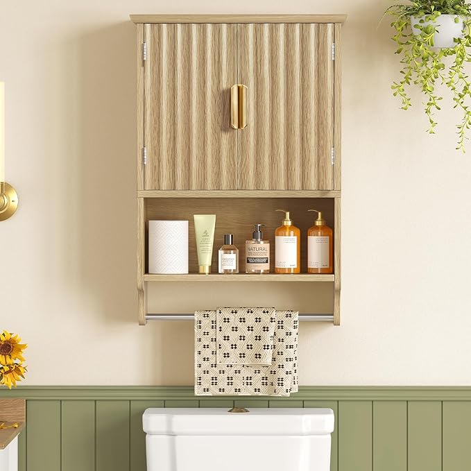 TEENFON Fluted Bathroom Wall Cabinet with Adjustable Shelves and Towel Rack, Wall Mounted Over The Toilet Storage Organizer for Bathroom, Living Room, Natural