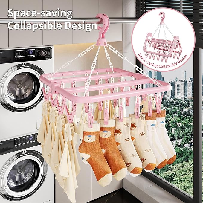 Clothes Drying Rack with 32 Clips, Foldable Hanging Rack, 360° Rotatable Hook for Drying Socks Baby Clothes Towels Gloves(Light Blue)