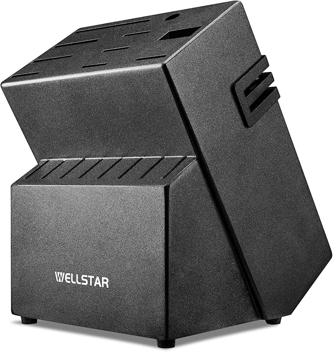 12 Slot Kitchen Knives Block, WELLSTAR Natural Wood Knife Holder without Knives – Hard Wood Countertop Knife Storage with Built-in Knife Sharpener - Black