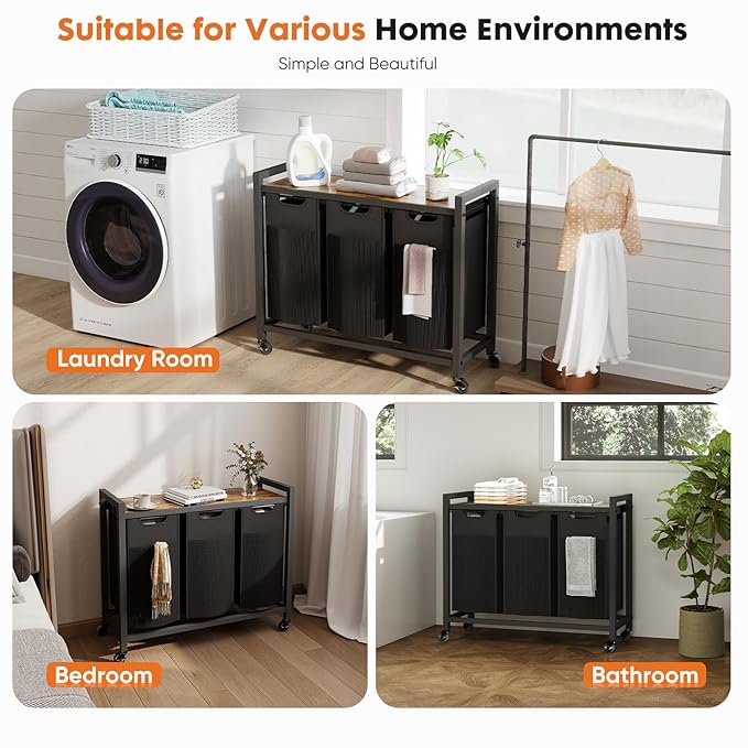 DUMOS Laundry Hamper with 3 Pull-Out Removable Sorter Bags, Movable Wheels, Freestanding Clothes Basket Organizer in Bathroom, 3 × 10.6 Gal (120L) Capacity, Rustic Brown and Black