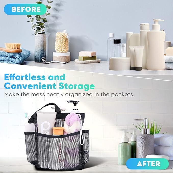 EUDELE Mesh Shower Caddy Portable for College Dorm Room Essentials, 8-Pocket Large Capacity Shower Bag for Beach, Swimming, Gym Pack