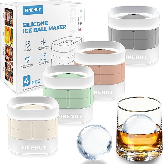 FINENUT Easy Release Ice Ball Maker Mold, 4 Pack, 2.5 Inch Large Round Ice Cube Mold for Whiskey & Cocktails, Stackable Lid, Reinforced Leak-Resistant Silicone, BPA-Free
