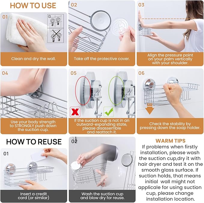 LEVERLOC Shower Caddy Suction Cup Shower Shelves Shower Holder,Silver