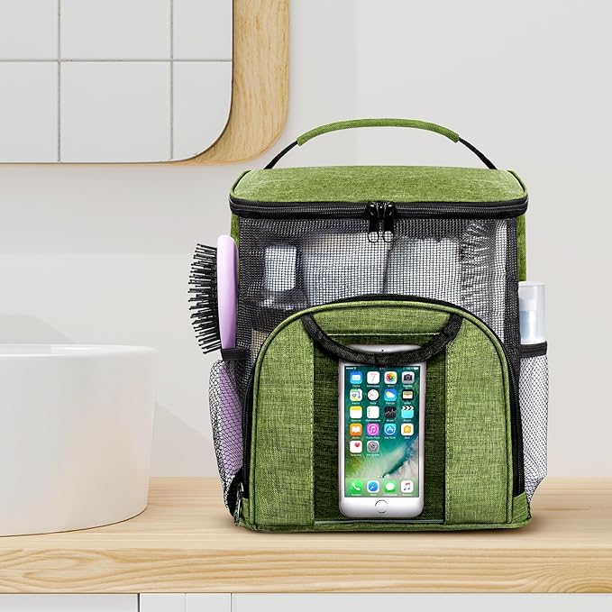 Attmu Portable Shower Caddy College Tote Bag, Quick Dry Hanging Toiletry Bag, Large Capacity Mesh Shower Caddy Portable for College Dorm Room Essentials for Boys and Girls for Bath Camping (Green)