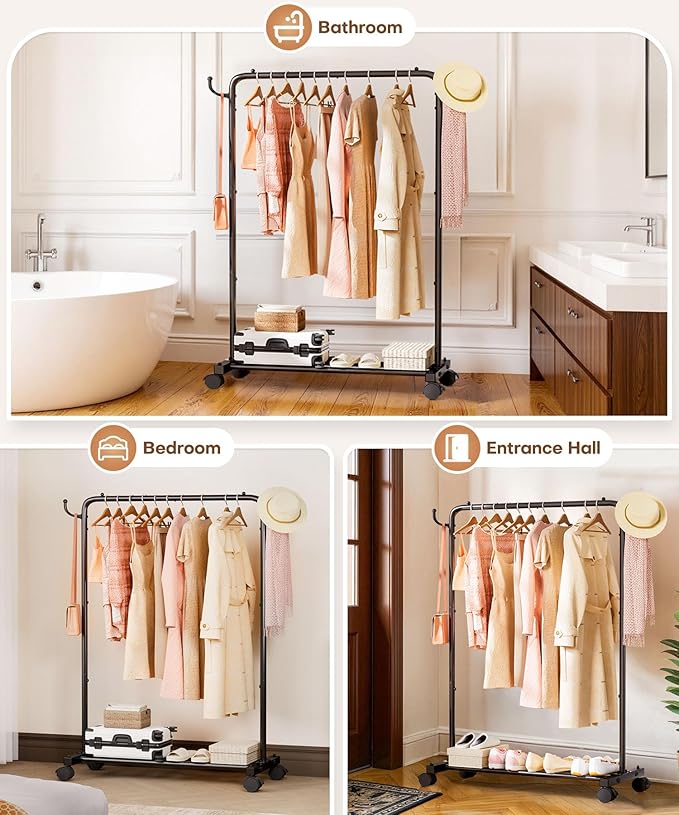 Homde Rolling Clothes Rack with Hooks: Standing Garment Storage for Indoor - Hanging Rod for Bedroom Laundry Room - Coat Dress Organizer on Wheels with luggage shelf (Black, 32")