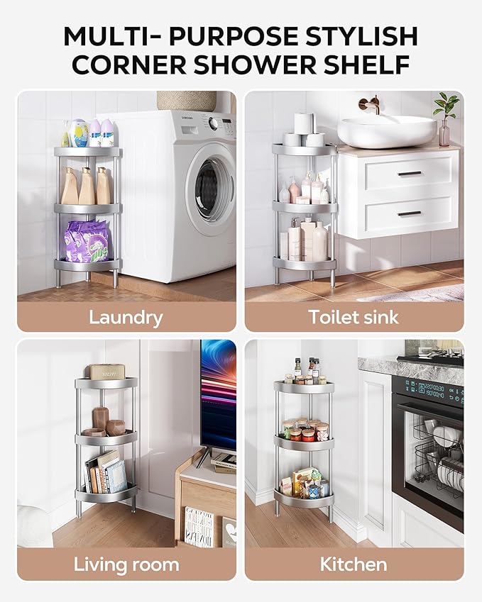 Nieifi Corner Shower Caddy Stand-3 Tier Rustproof Anodized Aluminum Standing Shower Organizer-Shower Caddy Corner-Dual Stability to Anti-Shaking-Height-Adjustable Legs for Uneven Surfaces-Silver