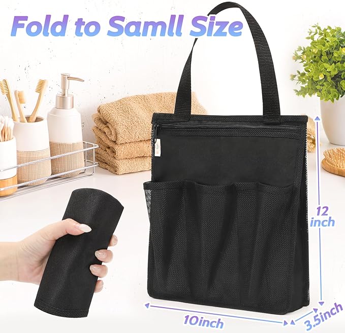 Portable Shower Caddy, Gym Travel Camp Dorm Room Essentials for College Student Boy Girl,Black Bathroom Mesh Shower Bag