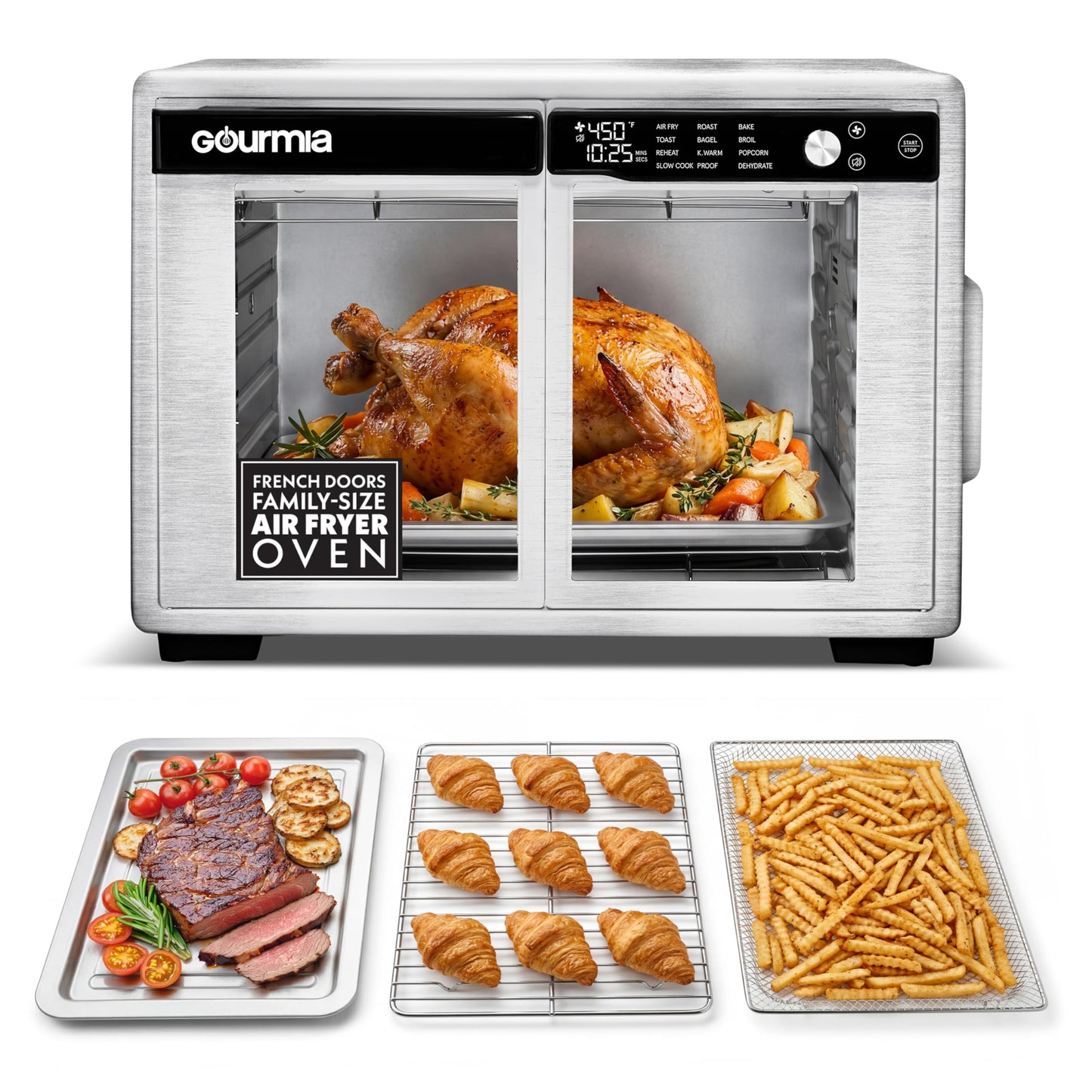Gourmia French Door Air Fryer Oven - 37 Qt Large Capacity Convection Toaster Oven, FryForce 360°, Digital Display, 12 Cooking Presets, Dehydrate, Fits 13” Pizza, Dishwasher-Safe, Peach