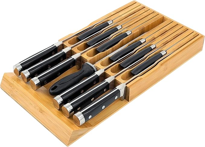 VaeFae In-Drawer Knife Block,Bamboo Knife Drawer Organizer Insert, Kitchen Knife Drawer Storage for 16 Knives PLUS a Slot for your Knife Sharpener (Without Knives)