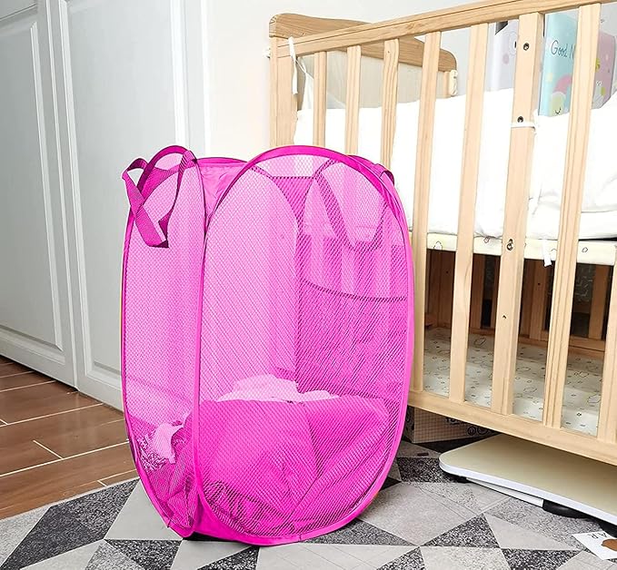 Larpur Popup Laundry Basket, Collapsible Portable Mesh Clothes Washing Laundry Hamper with Reinforced Carry Handles (Pink)