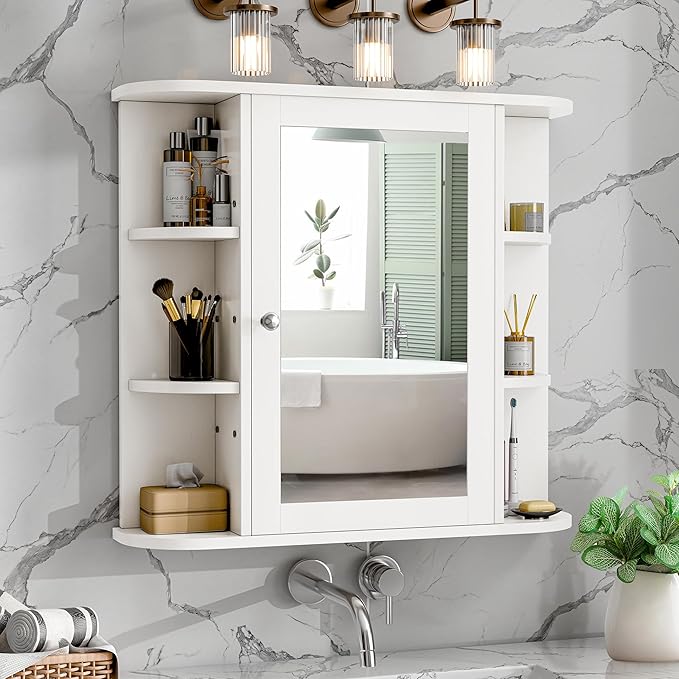 Meilocar Bathroom Medicine Cabinet, Bathroom Mirror Cabinet Wall Mounted with 6 Side Open Shelves, White Wall Cabinet with Mirror, White