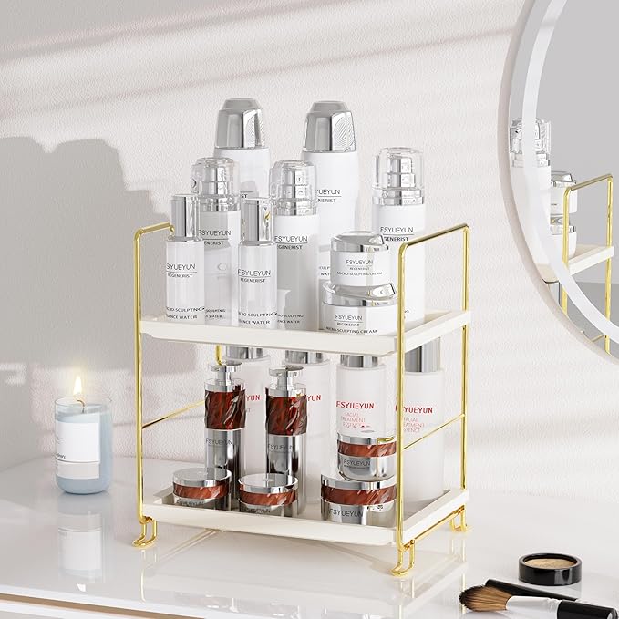 FSyueyun 2-Tier Bathroom Countertop Organizer, Tool-Less Premium Plastic Makeup Organizer - Bathroom Tray for Perfume, Skincare, Cosmetics on Dresser, or Bedroom(White and Gold)
