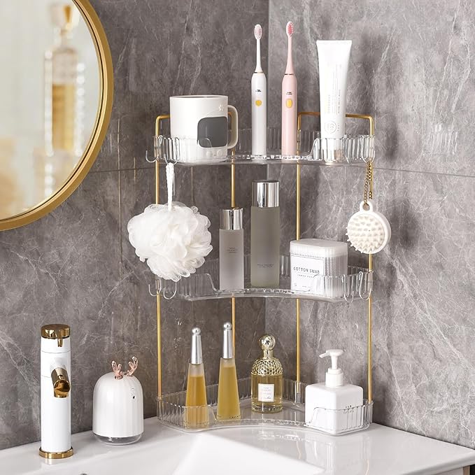 3-Tier Corner Bathroom Organizer Countertop with Hooks, Bathroom Sink Corner Vanity Storage for Makeup, Skincare and Perfume (White Gold)
