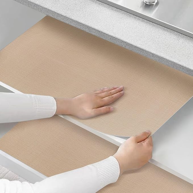 Shelf and Drawer Liner for Kitchen Cabinets Non-Adhesive, Strong Grip Non-Slip Thickened Cabinet Liners for Shelves, Waterproof Mats for Dresser Cupboard, Khaki, 12 in x 30 Feet