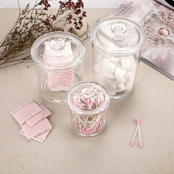 Hipiwe Clear Plastic Apothecary Jars with Lid, Large Size Bathroom Storage Canister Jar Cotton Ball and Swab Organizer Q-Tips Holder, 60-Ounce, 30-Ounce and 15-Ounce, Set of 3