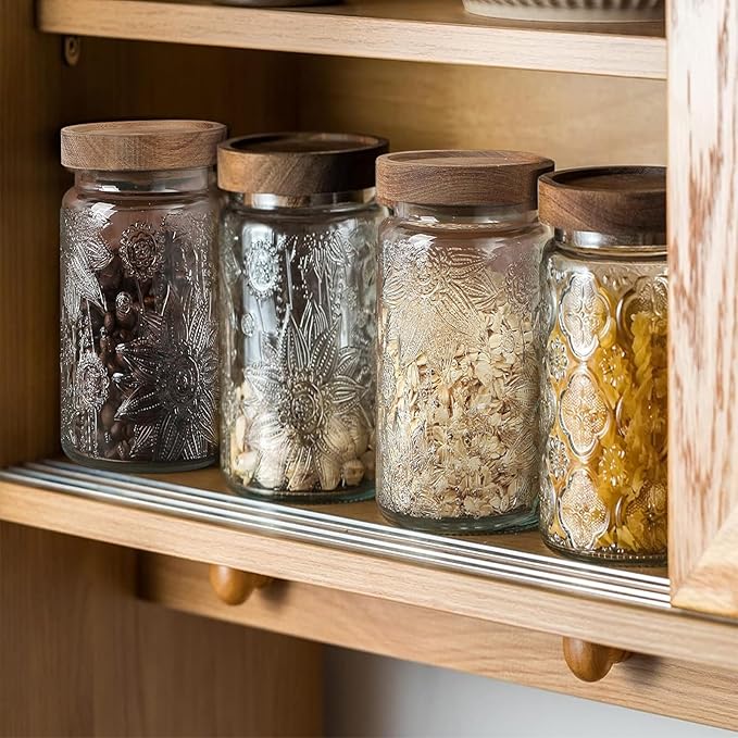 34 OZ Airtight Glass Storage Jar with Bamboo Lid - Vintage Glass Jar Vintage Food Containers Canisters Set for Kitchen Counter & Pantry - Ideal for Sugar, Flour, Coffee, Tea, Candy, Oats -2 Pack