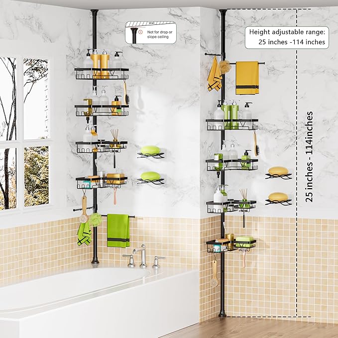 Shower Caddy Tension Pole, 4 Adjustable Corner Shower Caddy with 2 Towel Bars & 2 Soap Holders, Expands 25 to 114.2 Inches, Black Stainless Steel for bathroom/Tub/Corner